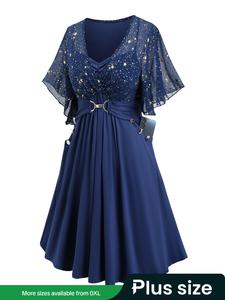 【Plus Size】 Star Patchwork Print Fake Buttons Ruched Wrap Dress, Elegant Butterfly Sleeve Pocket Chain Detail Dress for Party Holiday, Women's Clothes for Summer, Wedding Guest Dresses, Summer Dresses 2025, Womenswear