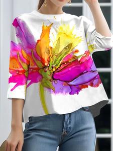 Women's Floral Print Round Neck Blouse, Casual 3/4 Sleeve Top for Summer, Women's Clothing for Daily Wear, Shirts, Womenswear