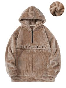 Men's Letter Print Zip Up Plush Drop Shoulder Hoodie, Loose Casual Long Sleeve Hooded Sweatshirt for Fall & Winter, Men's Clothes for Daily Wear