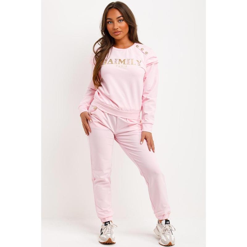 Gold Button Frill Shoulder Loungewear Set Pink 1