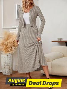 Two-piece Set Women's Solid Button Front Crop Jacket & Elastic Waist Flare Skirt, Casual Long Sleeve Outerwear & High Waist Long Skirt for Fall & Winter, Women's Clothes for Daily Wear, Womenswear