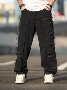 Men's Solid Raw Trim Decor Straight Leg Jeans, Loose Casual Comfy Denim Trousers for Daily Wear, Fashion Men's Bottoms for All Seasons, Cotton