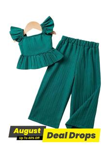 Two-piece Set Toddler Girl's Solid Ruffle Trim Top & Wide Leg Pants Set, Casual Elegant Square Neck Top & Trousers for Daily Outdoor Wear, Kids Clothes for Summer, Summer Outfits Set, Summer Clothing Set, Casual Fashion Set