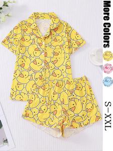 Women's Duck Print Shirt & Elastic Waist Shorts Pajama Two-piece Set, Casual Comfy Short Sleeve Top & Shorts Loungewear Set, Ladies Sleepwear for Summer, Shorts Pyjama