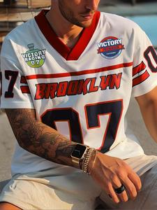 Men's Letter & Number Print V Neck Short Sleeve Tee, Loose Casual Trendy T-shirt for Summer, Men's Top for Daily Wear