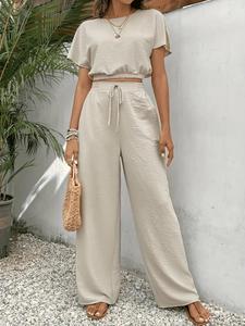 Women's Solid Color Top & Wide Leg Pants Two-piece Set, Casual Round Neck Top & Drawstring Waist Trousers for Summer, Ladies Clothes for Daily Wear, Womenswear
