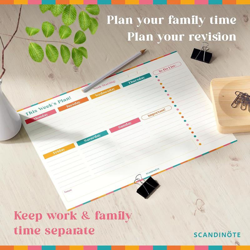 SCANDINÖTE Weekly Planner Pad. A4 Desk Pad. 52 Journal Sheets with Notes,  Important & To Do List. Family, work, home, study, revision. 100gsm  recycled paper. UK Made. 2