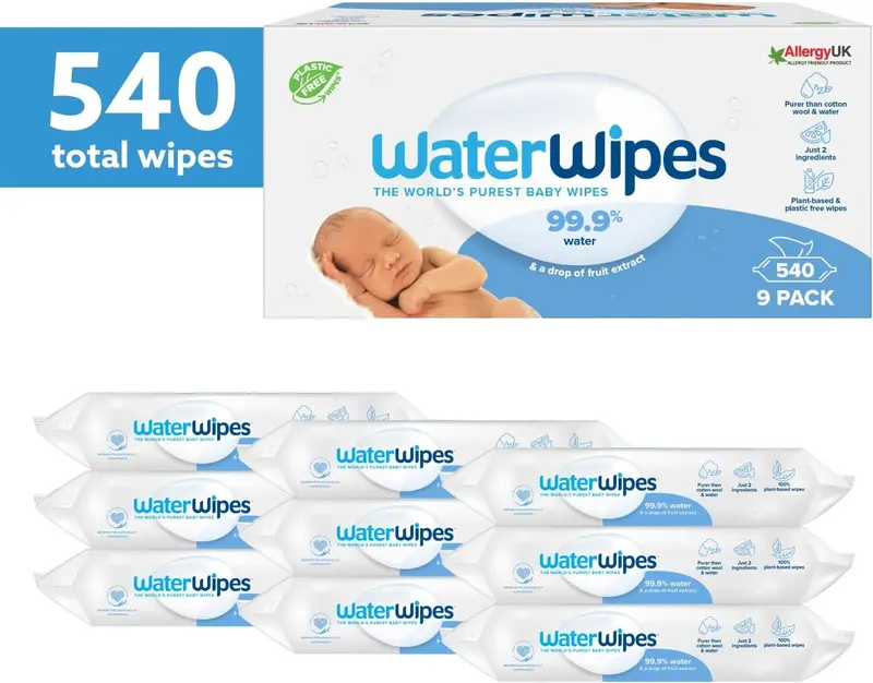 Baby Wipes 9x60 Pack Sensitive Newborn Biodegradable Unscented, 99.9% water (540 Wet Wipes), White 0