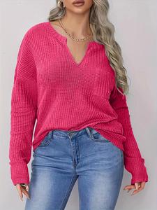 【Plus Size】 Solid Notched Neck Knit Top, Casual Long Sleeve Pocket Top for Fall & Winter, Women's Clothing for Daily Wear