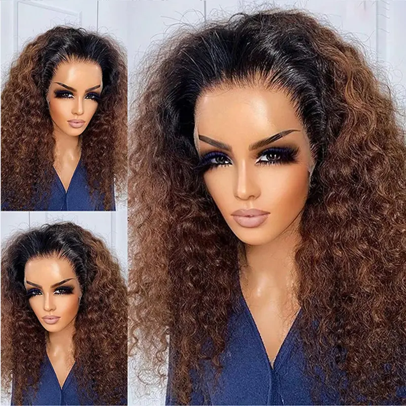 Ombre Brown Color Soft 26“Long Kinky Curly 180Density Lace Front Wig Synthetic For Women High Temperature Glueless Daily 3