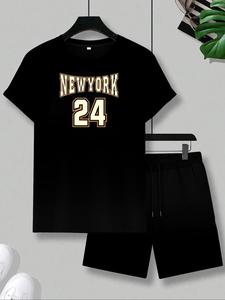 Men's Letter Print Short Sleeve Tee & Track Shorts Set, Regular Fit Round Neck T-Shirt & Sweat Shorts, Casual Summer Clothes Set for Outdoor