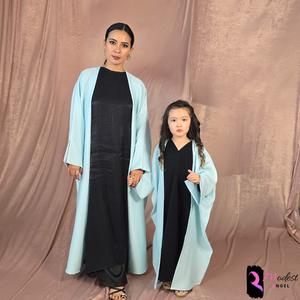 Mother and Daughter Open Cardigan Maxi Abaya In Sizes 40,42,44,46,48,50,52,54,56 In 15 Colours Black Bottle Green  Purple White Yellow Mocha Pink Kiwi Brown Grey Baby Blue Alpine Blue Maroon Navy Split Sleeve Islamic Summer Abaya Holiday All Season outfit