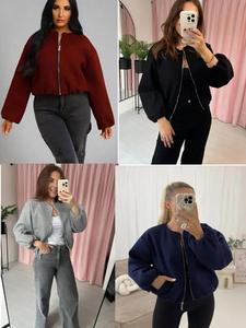 Findfashion Women's Cropped Puff Sleeve Zip Up Bomber Jacket For Ladies One Size(Fits UK 8-12)