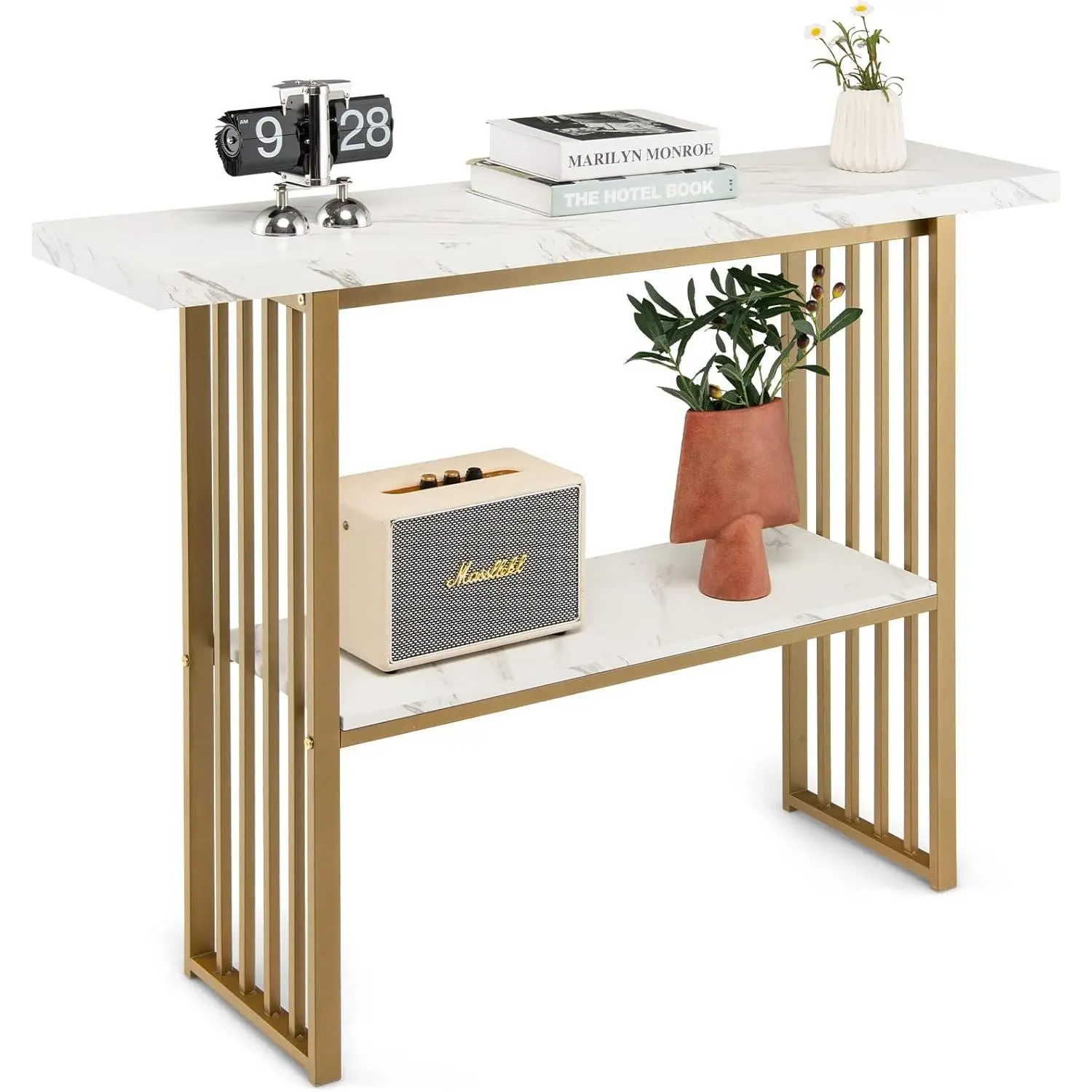 COSTWAY 2-Tier Console Table, Modern Faux Marble Narrow Hall Desk Sofa Side Table, 120cm Long Slim Display Accent Table for Entryway, Living Room, Bedroom and Foyer (White+Black)