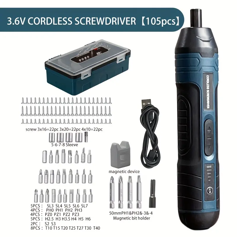 Electric Screwdriver 3.6V Small 2/20pcs/105pcs Multifunctional Torque Adjustable Straight Handle Disassembly Screwdriver, with Lithium Battery Screwdriver, Mini Portable Tool Complete, Suitable for Home Equipment Maintenance and Repair 2