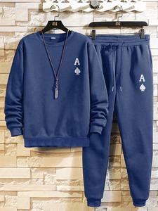 Men's Solid Letter Print Sweatshirt & Sweatpants Set, Casual Round Neck Long Sleeve Pullover & Drawstring Waist Pocket Jogger Pants, Men's Fall & Winter Clothes