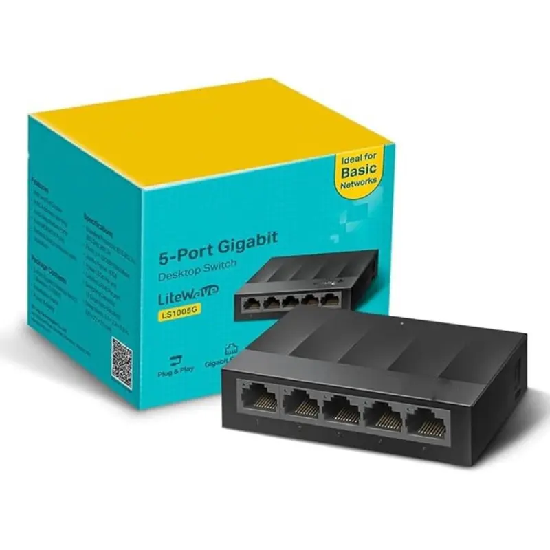 5-Port Gigabit Ethernet Switch Hub, Network Splitter, Plastic Case - Plug and Play 0