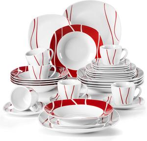 MALACASA Dinnerware Sets, 18/24/30-Piece Porcelain Square Dishes, Gray White with Red Rim, Modern Dish Set for 6 - Plates and Bowls Sets, Ideal for Dessert, Salad, and Pasta - Series FELISA
