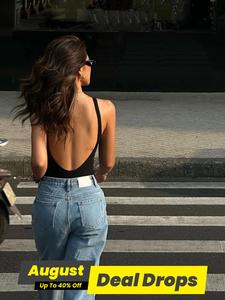 Women's Solid Color Backless Slim Tank Bodysuit, Casual Minimalist Sleeveless Bodysuit for Summer, Fashion Women's Clothing for Daily Wear, Basic Clothes for Women, Tops, Womenswear, Bodycon Bodysuit