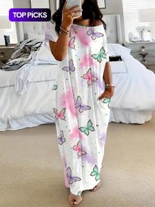 Women's Butterfly / Star Print Pocket Round Neck Nightdress, Casual Soft Comfortable Short Sleeve Nightgown for All Seasons, Lady's Sleepwear for Indoor Wear
