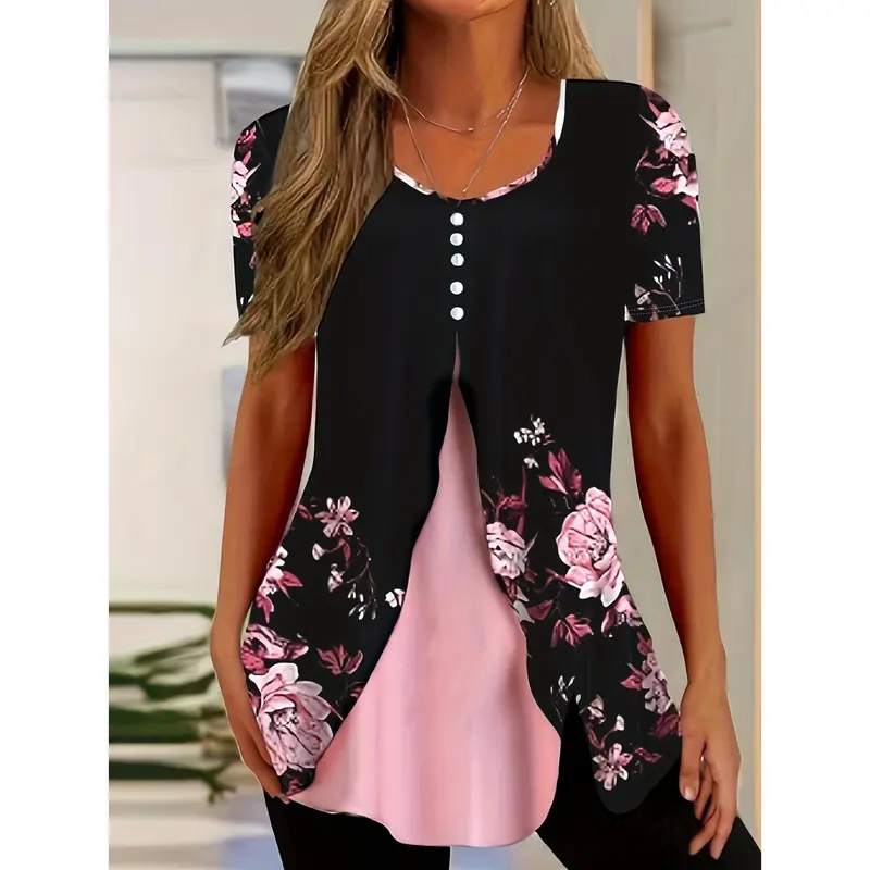 Floral Print Faux Peal Decor T-Shirt, Casual V Neck Short Sleeve Top For Spring & Summer, Women's Clothing 2