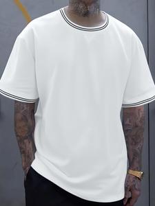 Men's Solid Color Striped Trim Short Sleeve Tee, Loose Casual Comfy T-shirt for Summer, Men's Top for Daily Wear, Tropical