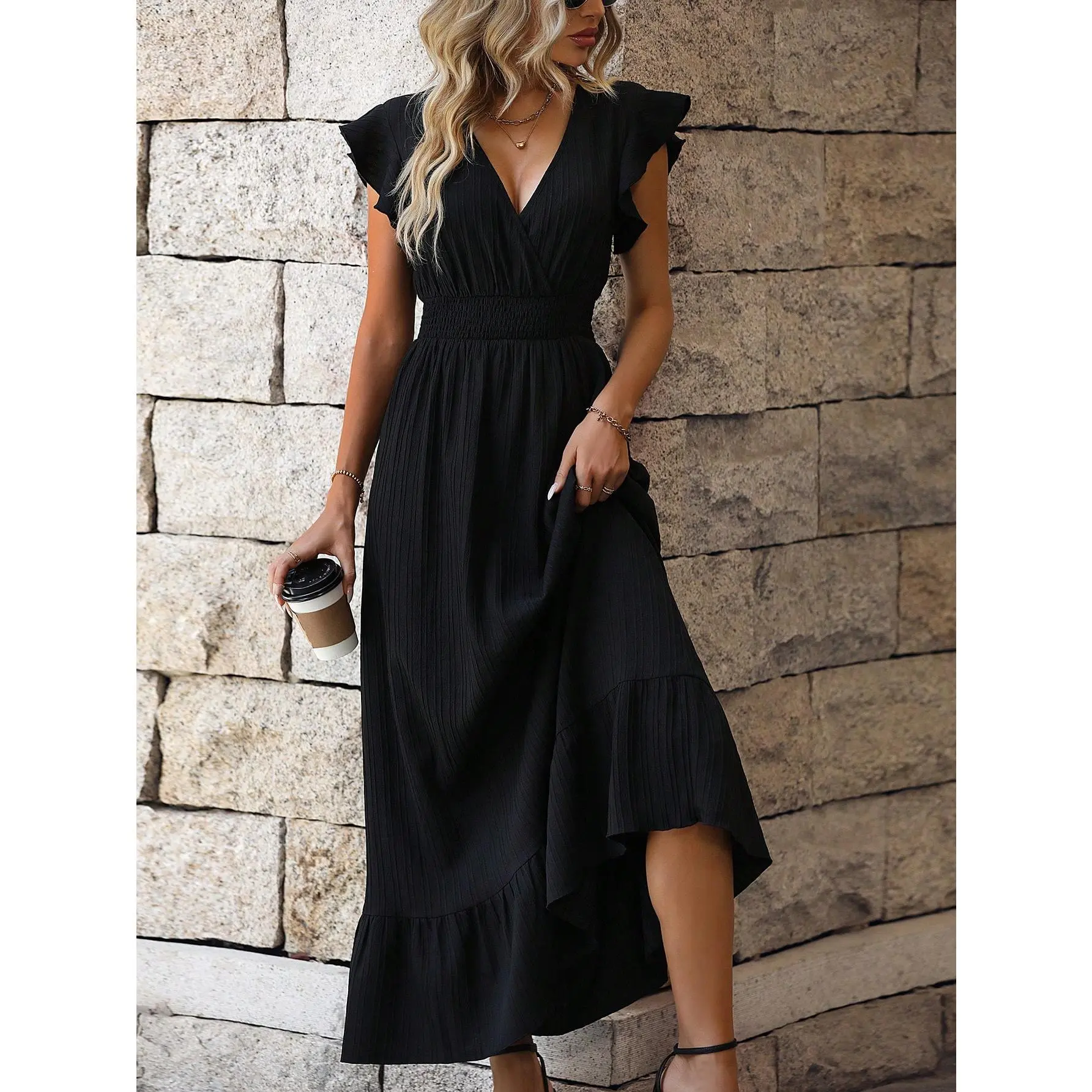 Breezaya Solid Ruffle Hem Dress Maxi Vacation Beach Outfits Women Casual Womenswear Summer Comfort Basic Black Minimalist