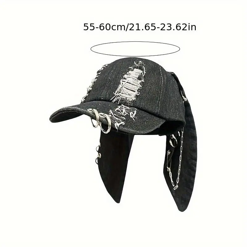 Women's Dark Punk Distressed Denim Cat Ear Baseball Cap with Iron Ring Detail - Adjustable Black Trucker Hat for Edgy Style, Fashion Accessory | Metal Ring Detailing | Denim Construction 6