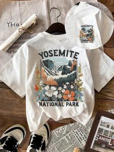 Women's Yosemite National Park Print Round Neck Tee, Vintage Trendy Casual Short Sleeve T-shirt for Daily Wear, Ladies Summer Top, Clothes for Women