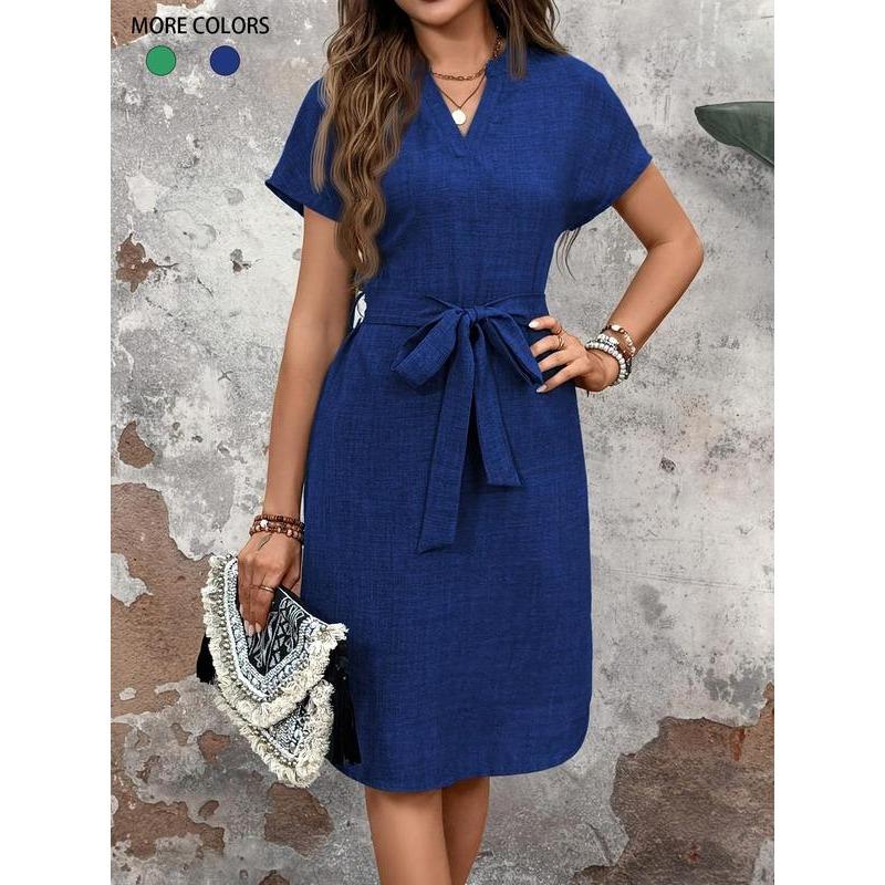Women's Plain Belted Notched Neck Dress, Casual Short Sleeve Knee Length Dress for Summer, Ladies Clothes for Daily Wear 0