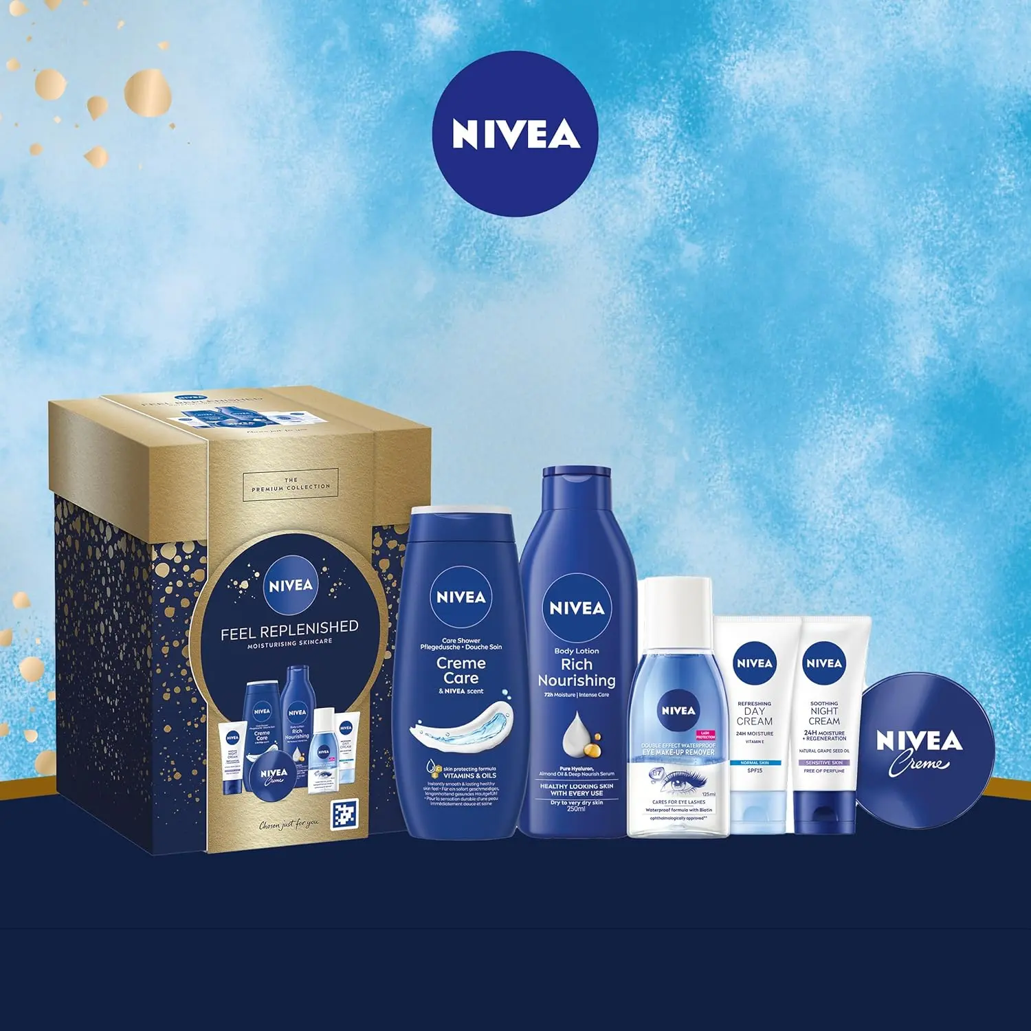 NIVEA Feel Replenished Gift Set (6 Products), Skincare Women's Gift Set with Creme, Eye Make-Up Remover, Shower Cream, Body Lotion, SPF15 Day Cream, and Night Cream