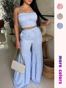 Two-piece Set Women's Solid Frill Trim Shirred Crop Cami Top & Elastic Waist Wide Leg Pants, Casual Fashion Cozy Boho Clothing Sets for Daily Outdoor Wear, Ladies Clothes for Summer, Womenswear, Matching Clothing Set