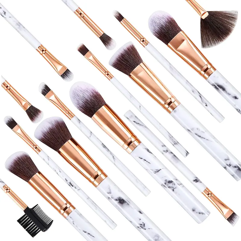 Makeup Brushes  15PCs Marble Makeup Brush Set Premium Synthetic Kabuki Powder Blush Contour Foundation Concealer Eyeshadow Brushes with Makeup Sponge 3