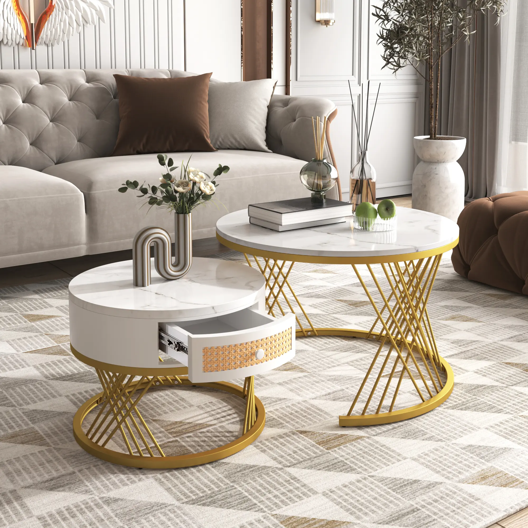 2-in-1 round coffee table made of MDF with marble grain veneer top, rattan drawers and solid wood handles. Gold coloured iron legs. 70*70*45.5+50*50*38.5cm