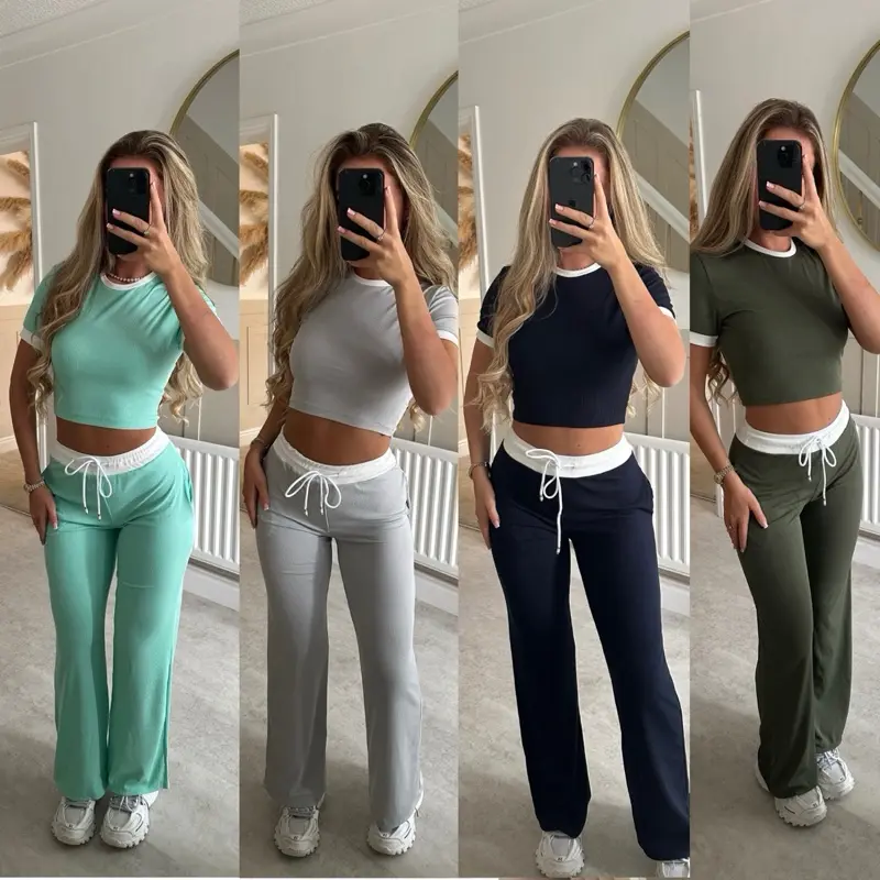 Contrast Trim Ribbed Wide Leg Set
