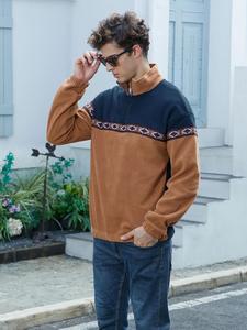 Men's Colorblock Ethnic Pattern Zip Up  Stand Collar Sweatshirt, Loose Casual Long Sleeve Drop Shoulder Pullover for Fall & Winter, Men's Clothes for Daily Wear