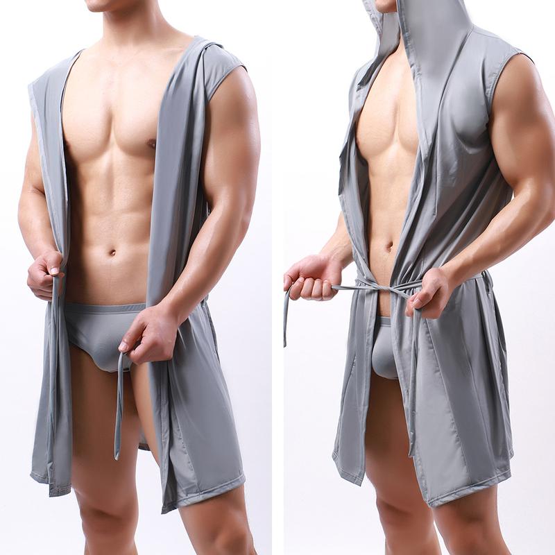 European Style Men's Bathrobe Cool Milk Silky Men's Hooded Sleeveless Thin Pajama Set with Underwear 3