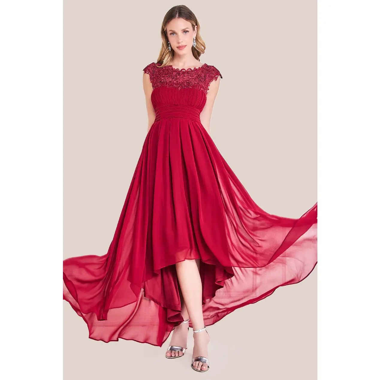 Crochet & Pleated Top High Low Maxi - Burgundy by Goddiva