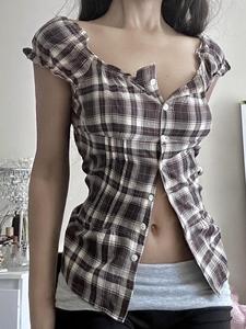 Women's Plaid Print Shirt, Casual Fitted Shirt for Summer, Women's Top for Daily Wear