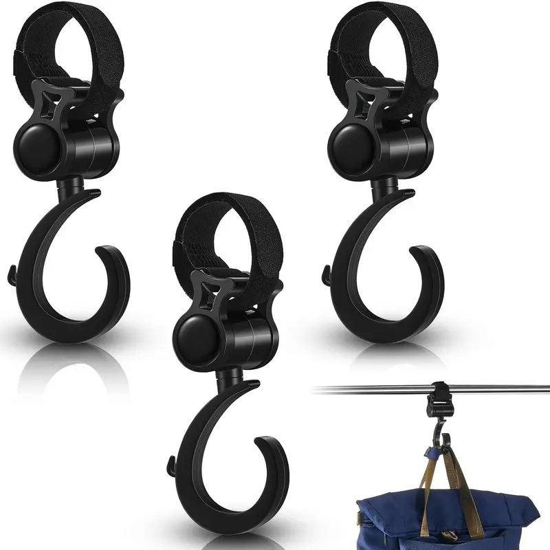 2 Pcs Walker Hook Hanging Multipurpose 360° Rotation Stroller Clip Diaper Bag Hanger for Walker Rollator Crutches Wheelchair Shopping Cart Car Back Seat Purses Bike Wheelchair Pushchair, Black 4
