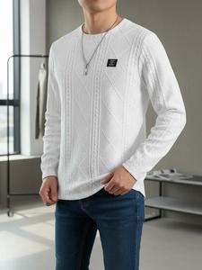 Men's Regular Fit Patched Detail Textured Knit Tops, Casual Long Sleeve Round Neck T-shirt for All Seasons, Fashion Men's Knit Top for Daily Wear, Menswear