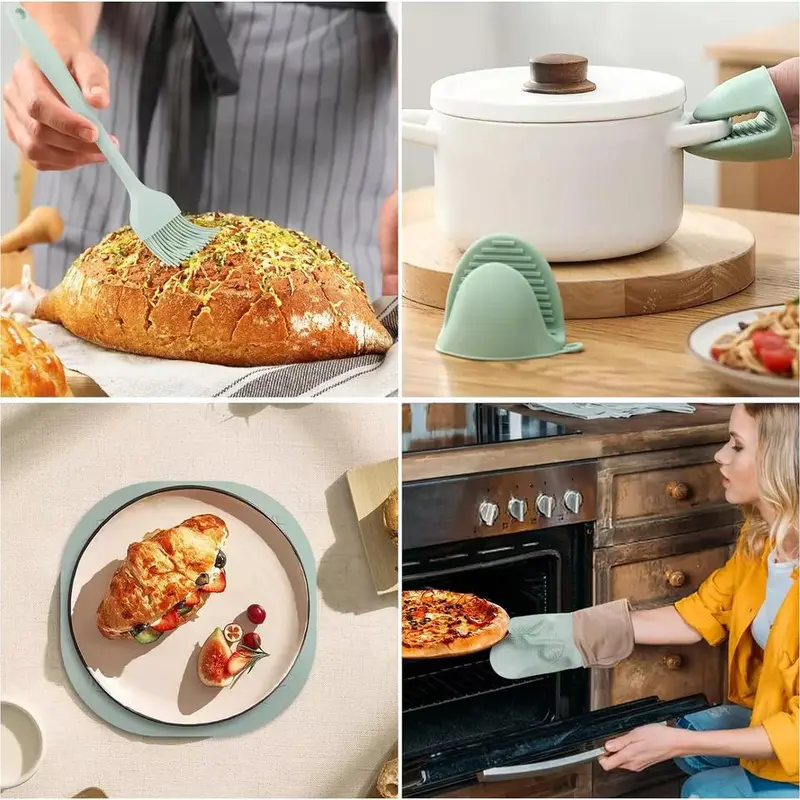 Heat Resistant Silicone Oven Gloves and Pot Mats Set for Cooking and Baking - Bakeware Kitchen Waterproof 2