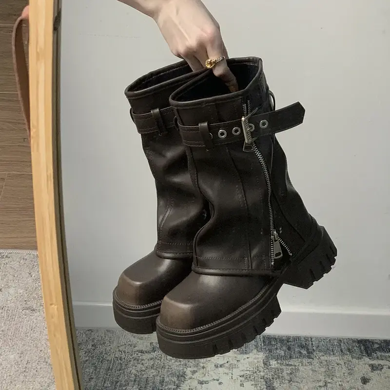 Winter Women Biker Boots Fashion Belt Buckle Ladies Elegant Platform Flats Short Booties Casual Women's Knight Booties Girl Walking Shoes