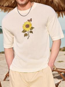 Men's Sunflower & Butterfly Embroidery Tee, Regular Fit Casual Short Sleeve T-shirt for Summer, Men's Top for Daily Wear, Crewneck