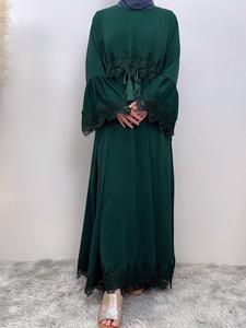 Arabic Clothing-contrast Lace Long Sleeve Drawstring Dress, Dubai Flounce Sleeve Dresses, Muslim Islamic Kaftan, Prayer Abaya, Modest Clothes, Thobe, Maxidresses
