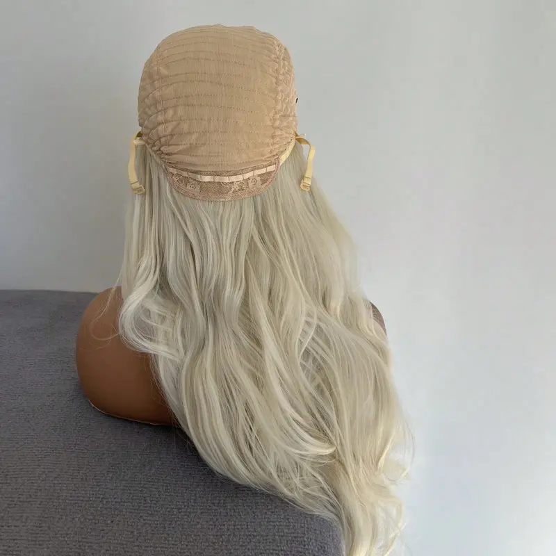 Natural Hairline Women Party Daily Wear Long Wavy Bleach Blonde Soft Glue Less Wig Synthetic Hair Layered Pre Plucked 13X4 Inch Large Area Lace Frontal Wigs 4