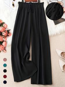 Plus Size Solid Knot Front Elastic Waist Wide Leg Pants, Casual Loose Trousers for Daily Wear, Women's Bottoms for Spring & Summer, Summer Outfits 2024