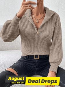 Women's Plain Half Zip Drop Shoulder Sweater, Casual Long Sleeve Collared Jumper for Spring & Fall, Fashion Women's Knitwear for Daily Wear