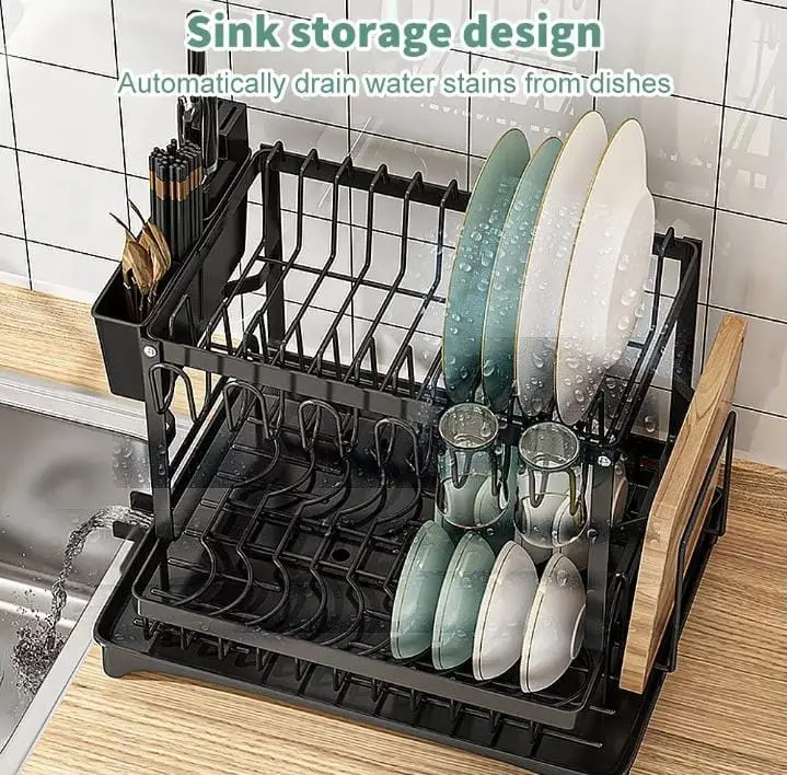 2 Tier Dish Drainer, Multifunctional Dish Drainer Rack, Rustproof Kitchen Dish Drying Rack  Holder, Space-Saving Dish Kitchen Counter, Large, Black Storage Holders & Racks Cabinet Organizer  Steel Waterproof Decor Installation dish  drying  rack 4