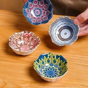 Boho Style Ceramic Serving Dipping Bowl, 4 Counts/set Colorful Flower Pattern Seasoning Bowl, Household Multicolor Ceramic Tableware for Home Kitchen, Kitchenware, Ceramic Pasta Bowls